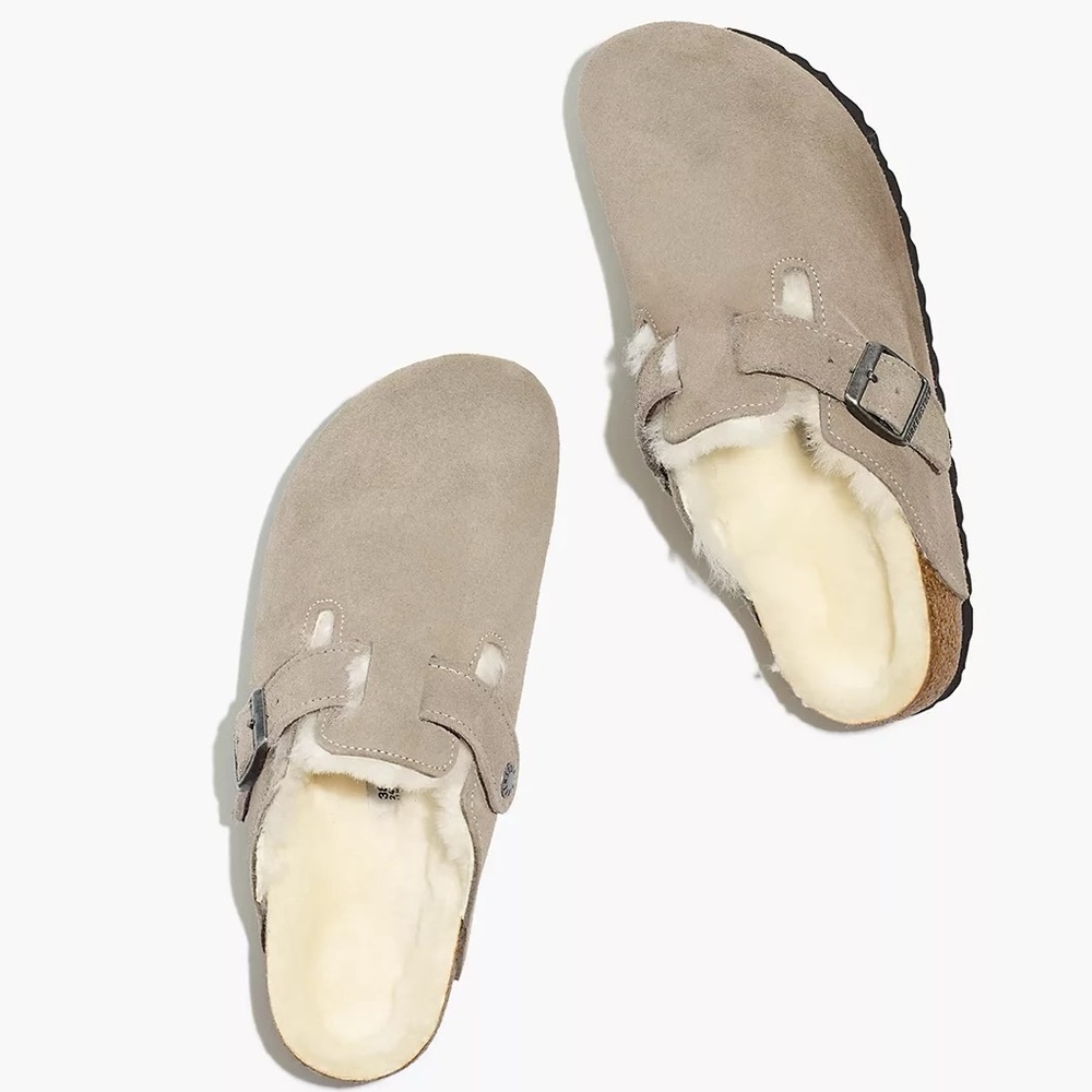 Birkenstock Suede Boston Clogs in Shearling - Stone/Natural - Size 38